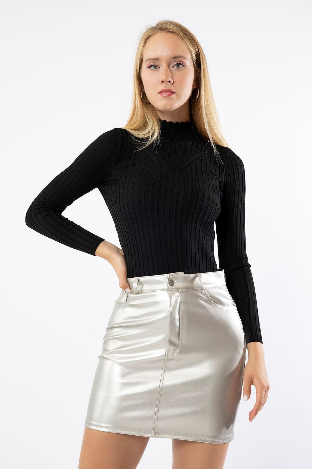 KKT Leather Fabric Tight Fit Midi Skirt - Silver - Chicopee