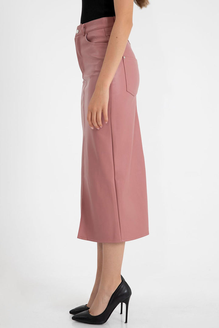 KKT Faux Leather Tight Fit Slit Midi Skirt - Light Pink - Estepona