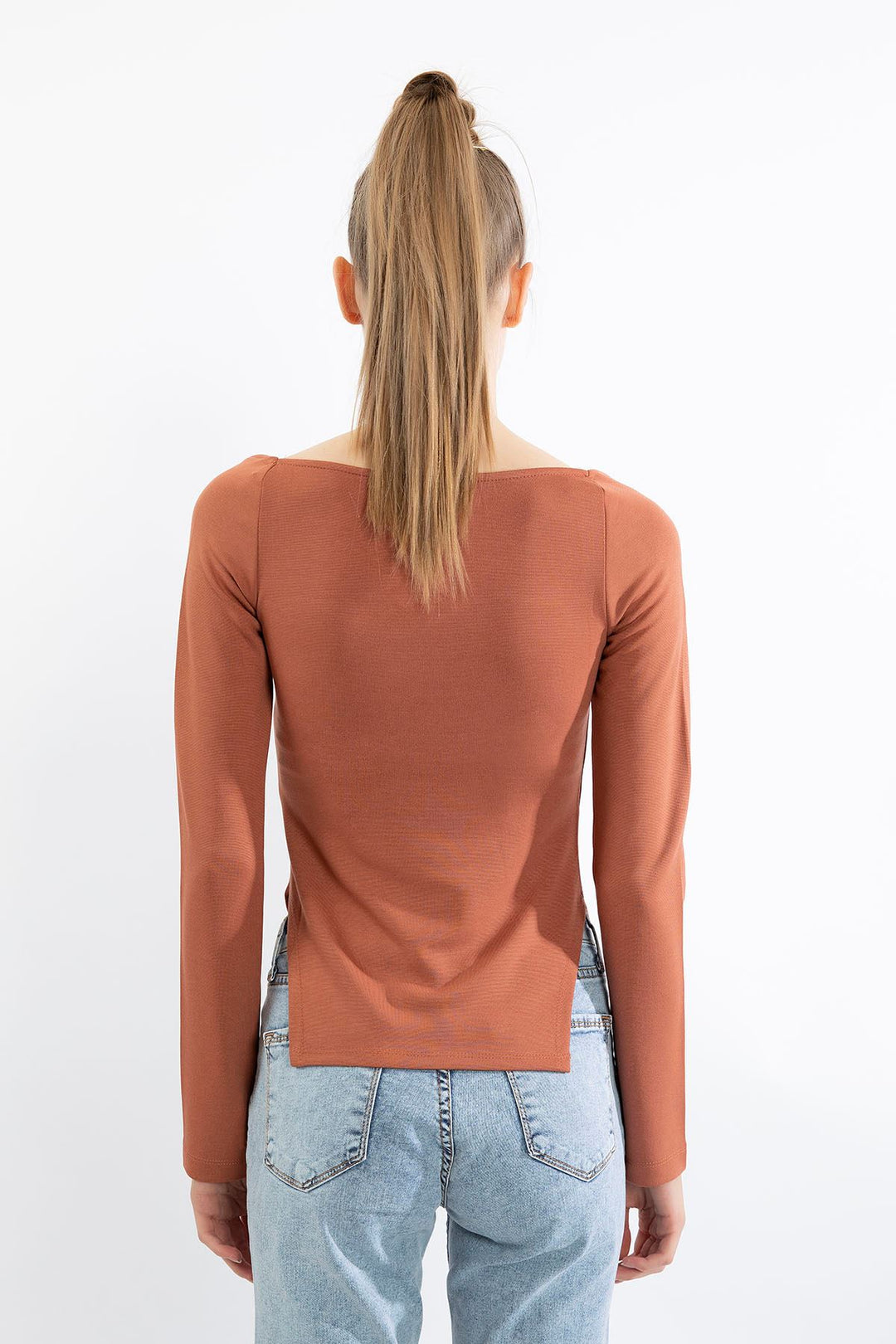 KKT Strawberry Knit Fabric Heart Collar Asymmetrical Blouse - Light Brown - San Antonio Abad