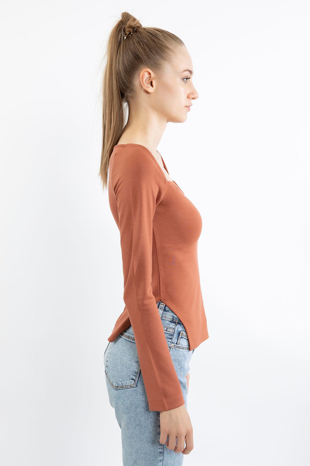 KKT Strawberry Knit Fabric Heart Collar Asymmetrical Blouse - Light Brown - San Antonio Abad