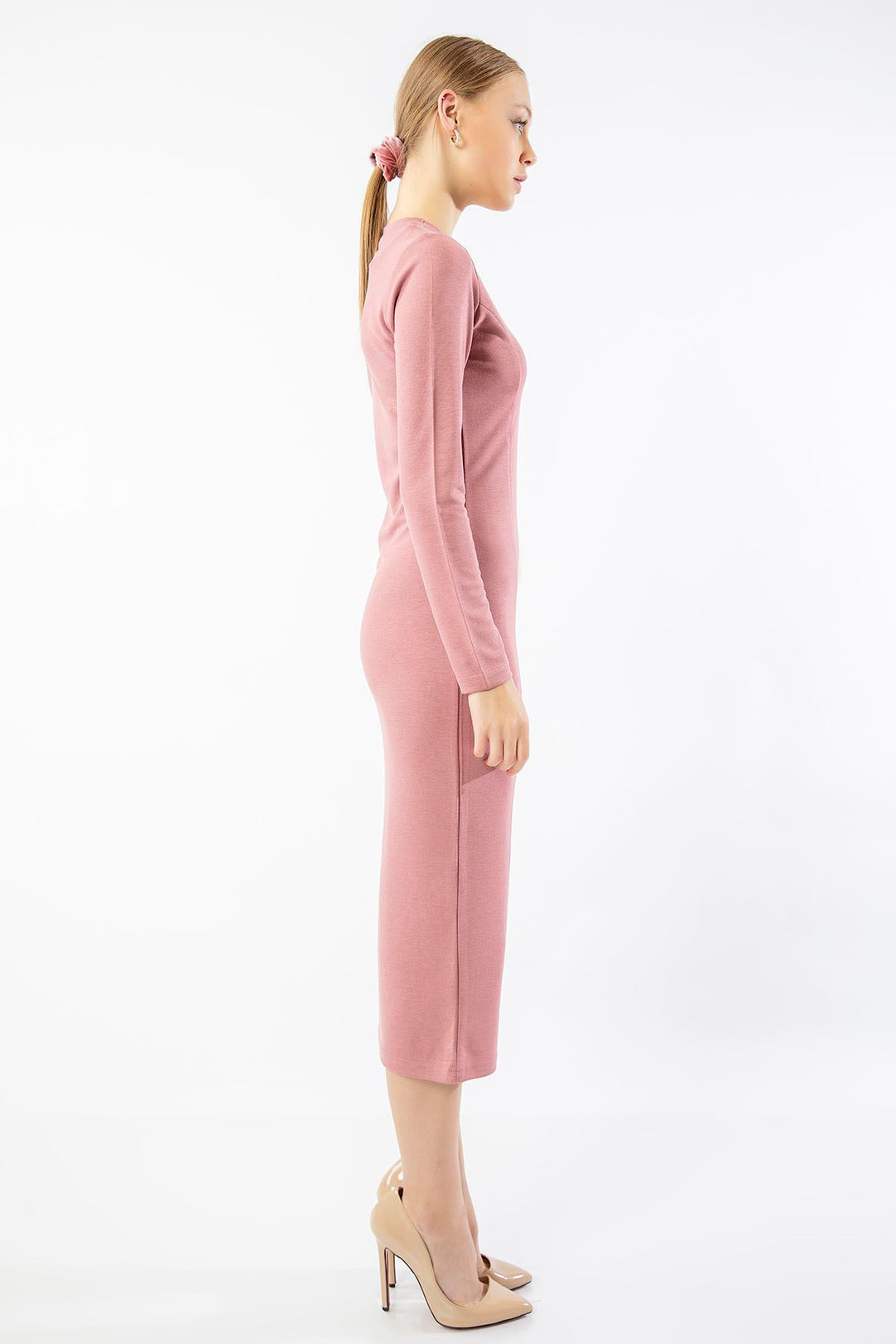 KKT Knit Fabric Long Sleeve Bicycle Collar Tight Fit Slit Mini Women Dress - Rose  - Bagnolet