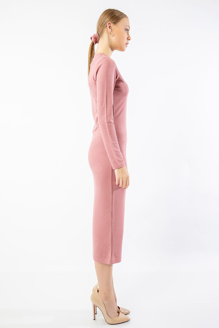 KKT Knit Fabric Long Sleeve Bicycle Collar Tight Fit Slit Mini Women Dress - Rose  - Bagnolet