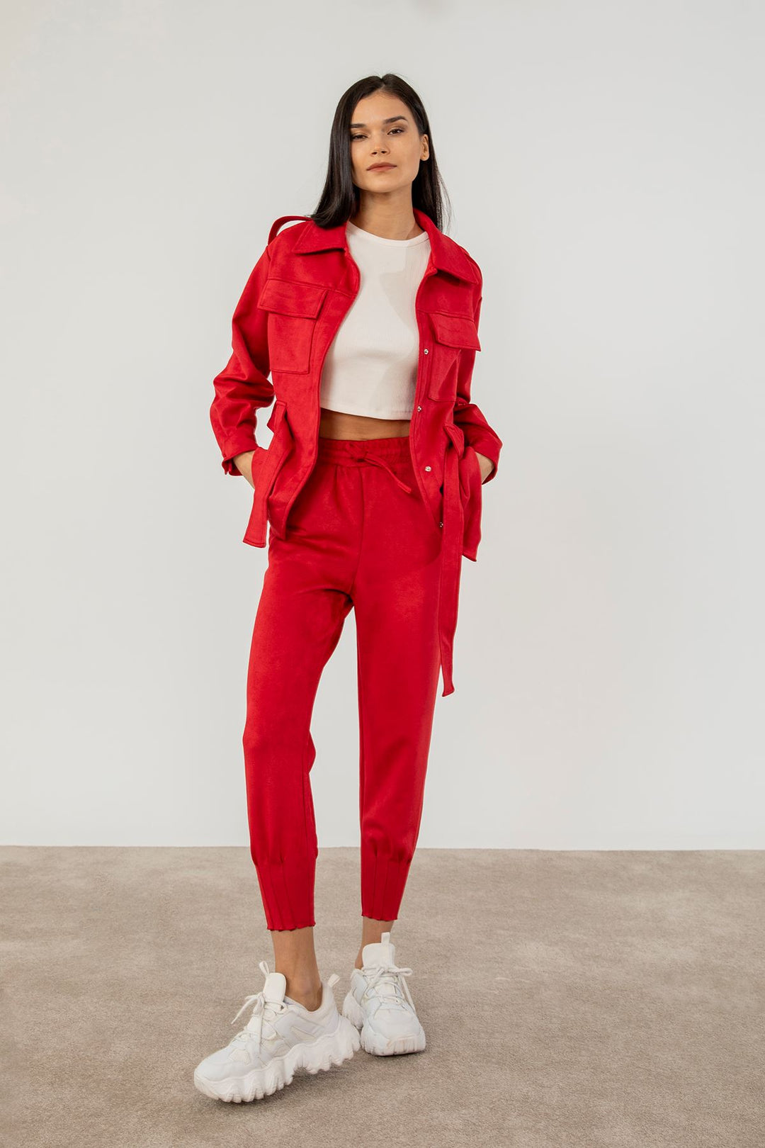 KKT Suede Fabric Tight Fit Slited Women'S Trouser - Red - Spoleto