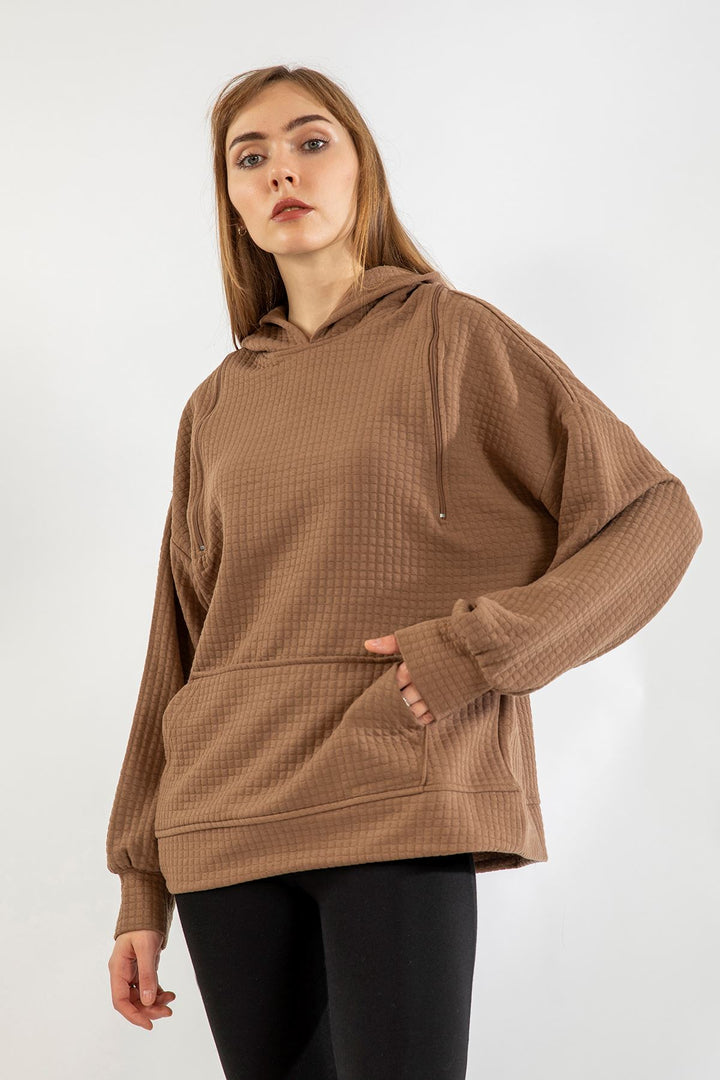 KKT Quilted Fabric Hooded Hip Height Oversize Zip Detailed Women Sweatshirt - Chanterelle  - Stonecrest