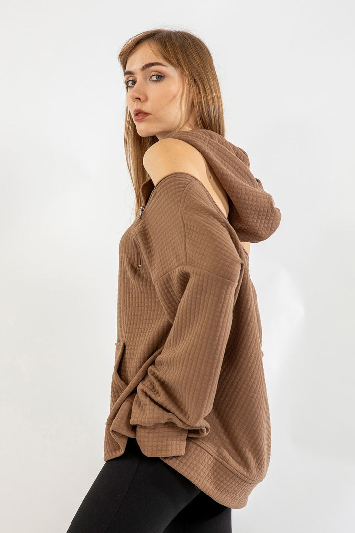 KKT Quilted Fabric Hooded Hip Height Oversize Zip Detailed Women Sweatshirt - Chanterelle  - Stonecrest