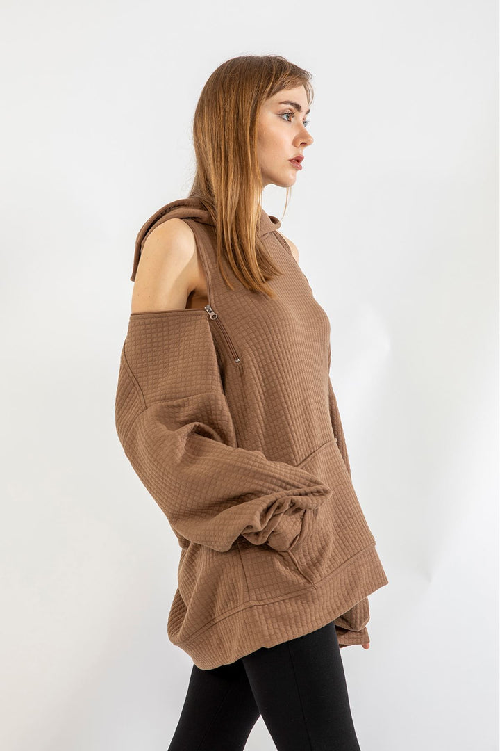 KKT Quilted Fabric Hooded Hip Height Oversize Zip Detailed Women Sweatshirt - Chanterelle  - Stonecrest