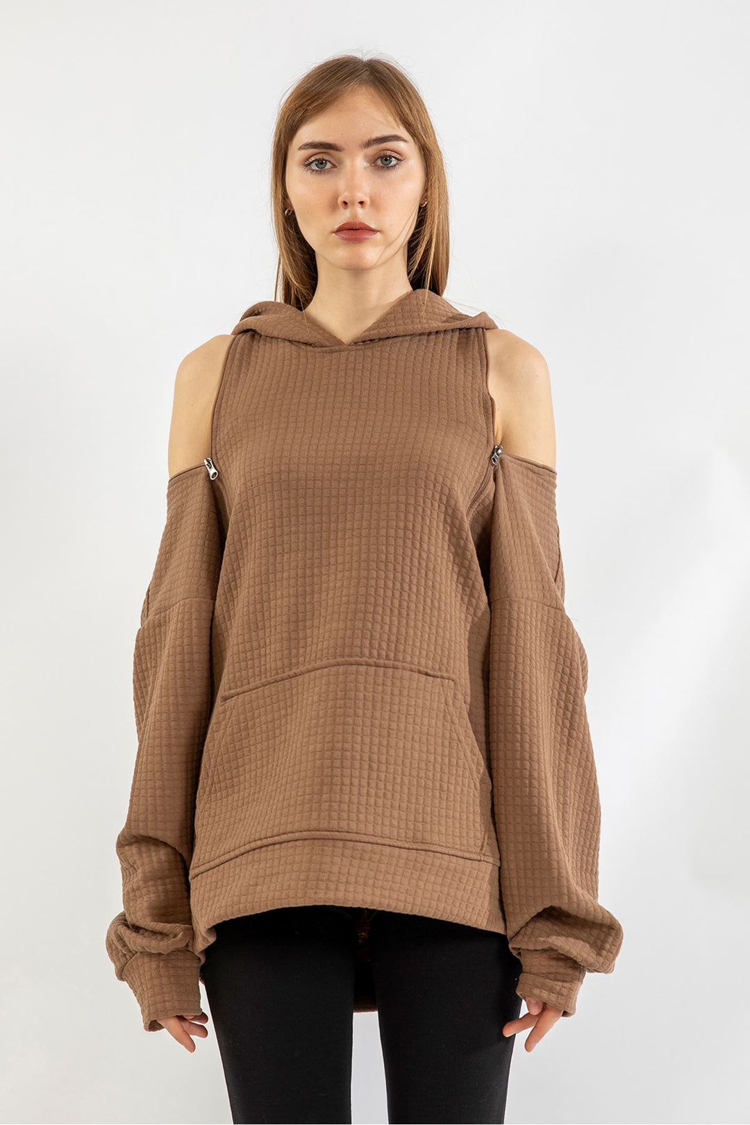 KKT Quilted Fabric Hooded Hip Height Oversize Zip Detailed Women Sweatshirt - Chanterelle  - Stonecrest