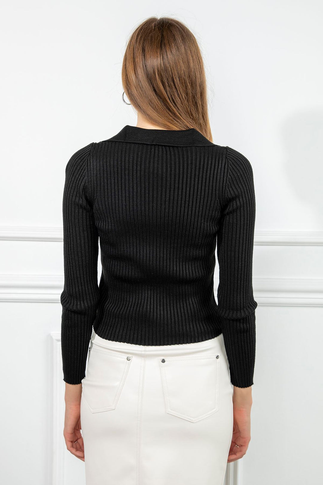 KKT Knitwear Fabric Long Sleeve Shirt Collar Tight Fit Women Sweater - Black - Bendigo