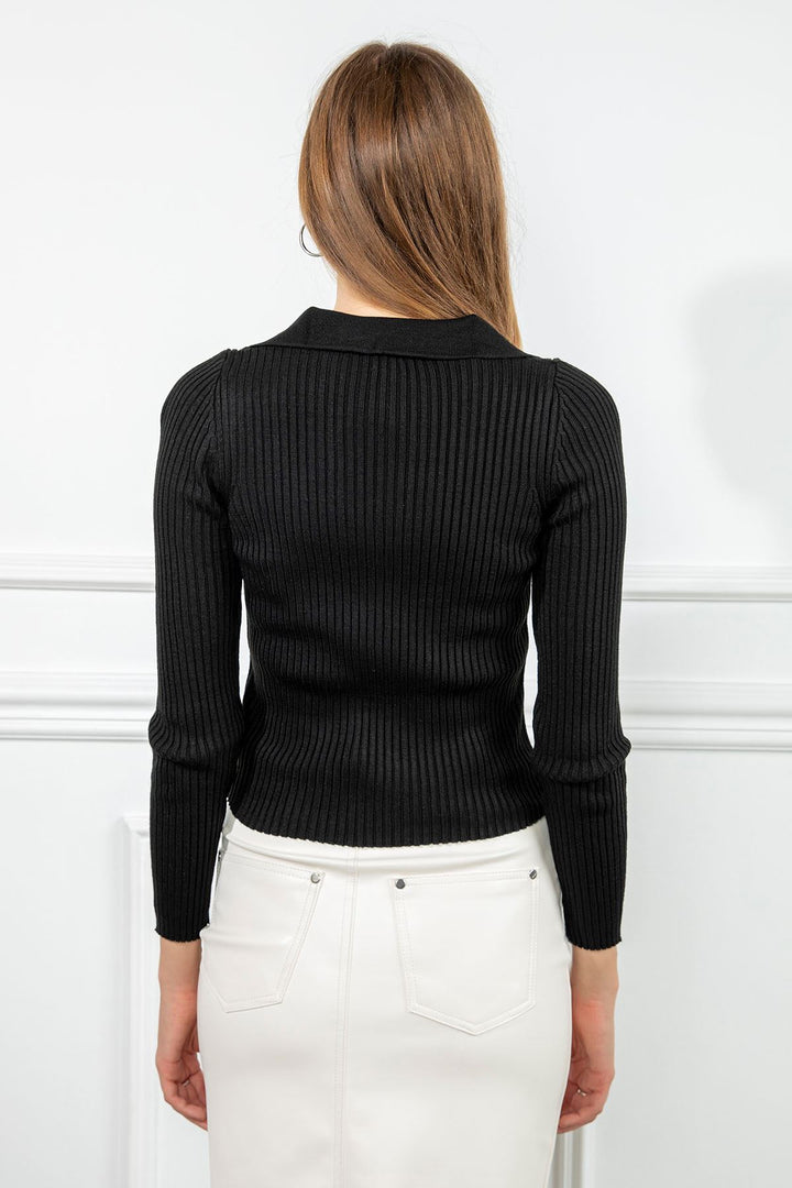 KKT Knitwear Fabric Long Sleeve Shirt Collar Tight Fit Women Sweater - Black - Bendigo