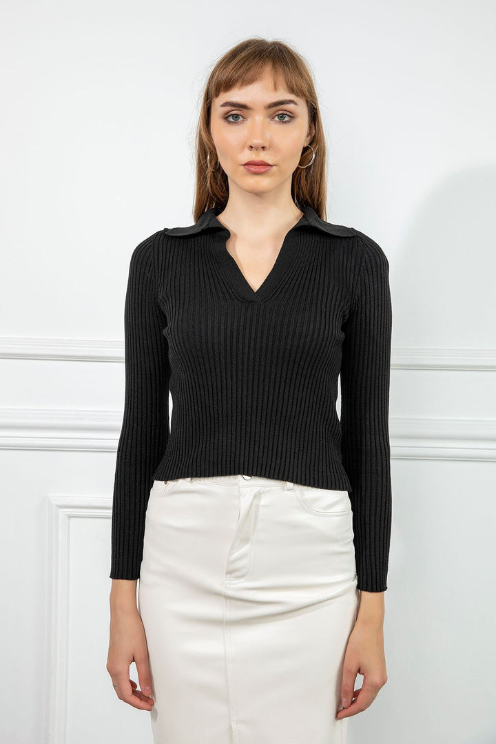 KKT Knitwear Fabric Long Sleeve Shirt Collar Tight Fit Women Sweater - Black - Bendigo