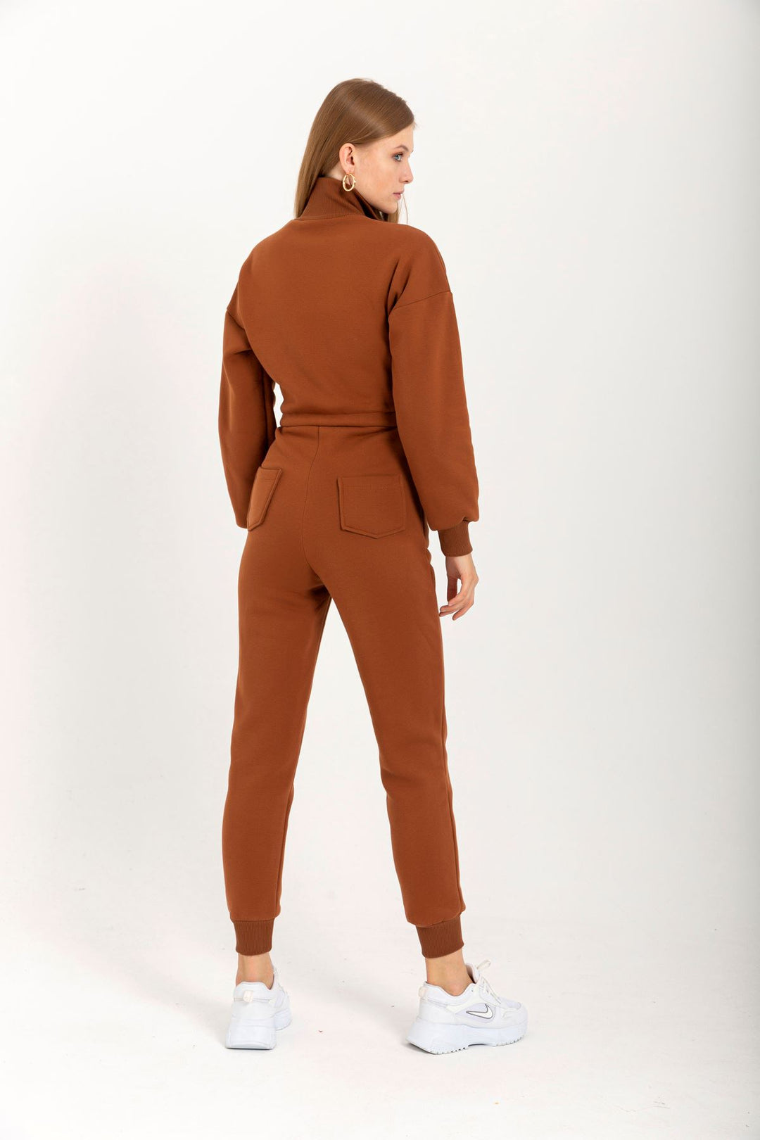 KKT Third Knit Fabric Long Sleeve Roll Neck Tight Fit Zip Women Overalls - Brown - Orihuela