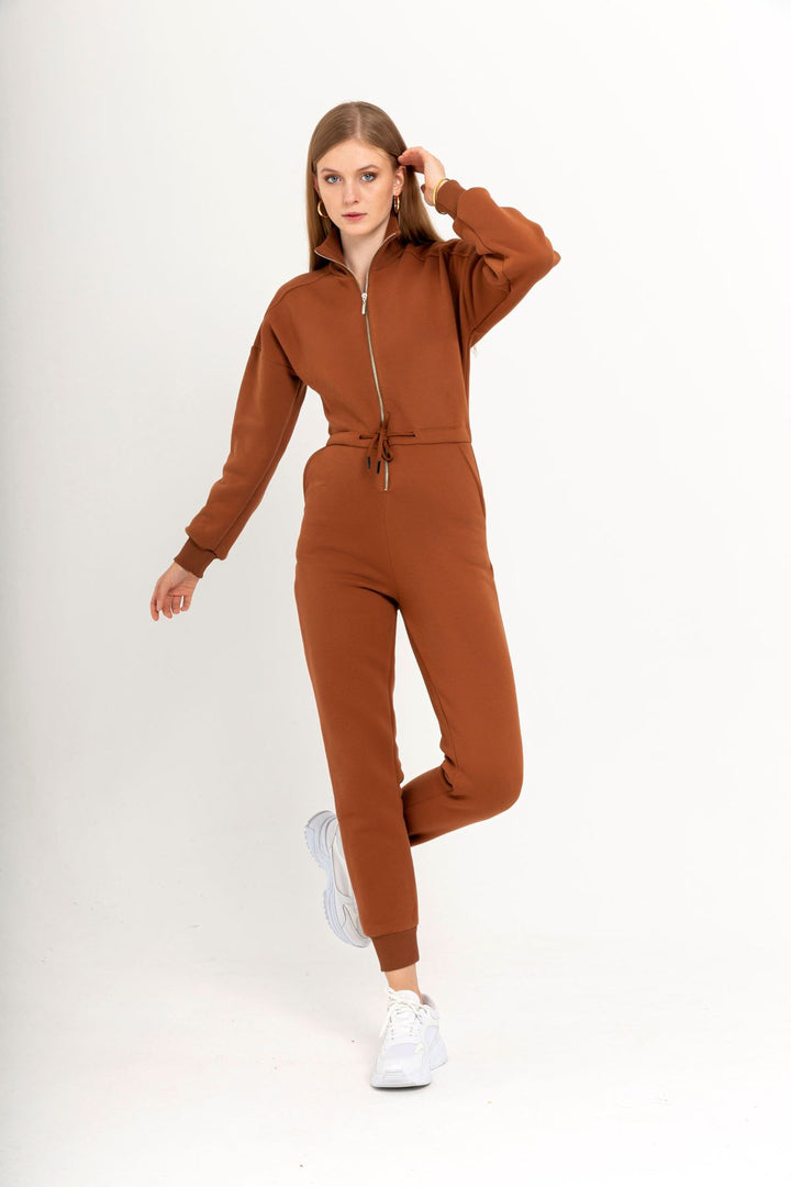 KKT Third Knit Fabric Long Sleeve Roll Neck Tight Fit Zip Women Overalls - Brown - Orihuela
