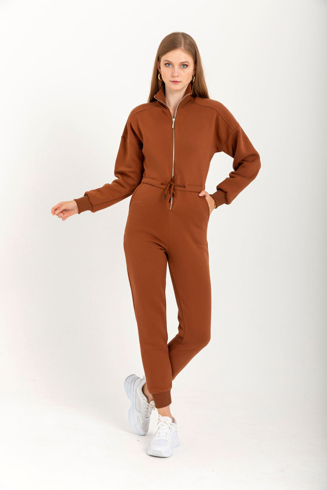 KKT Third Knit Fabric Long Sleeve Roll Neck Tight Fit Zip Women Overalls - Brown - Orihuela