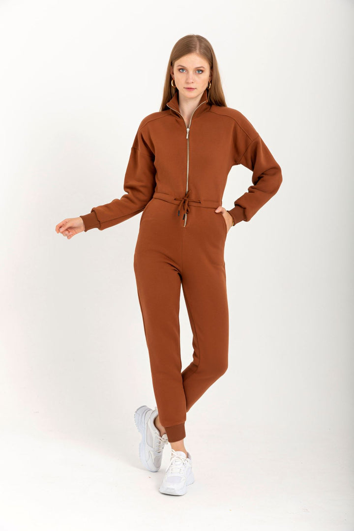 KKT Third Knit Fabric Long Sleeve Roll Neck Tight Fit Zip Women Overalls - Brown - Orihuela