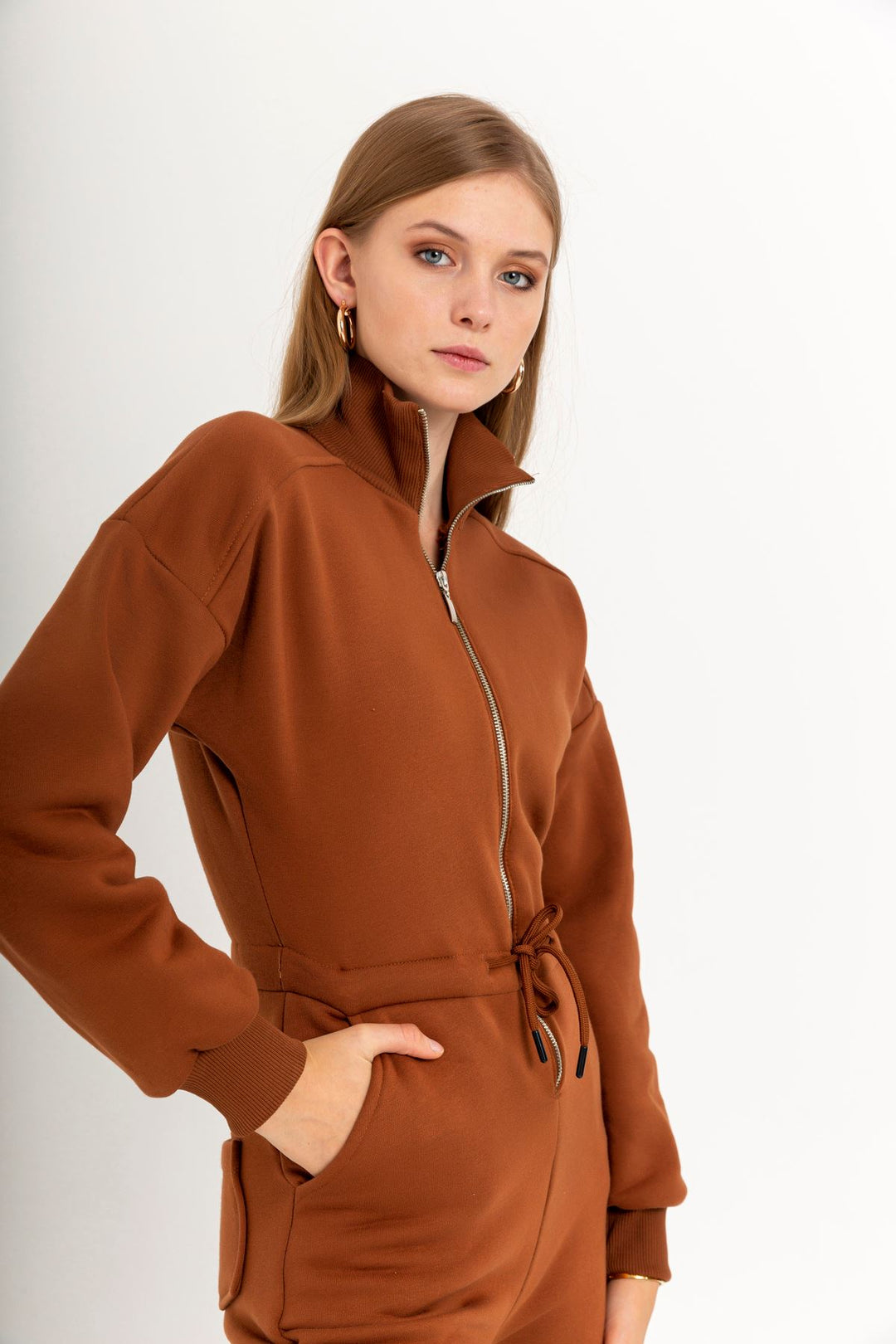 KKT Third Knit Fabric Long Sleeve Roll Neck Tight Fit Zip Women Overalls - Brown - Orihuela