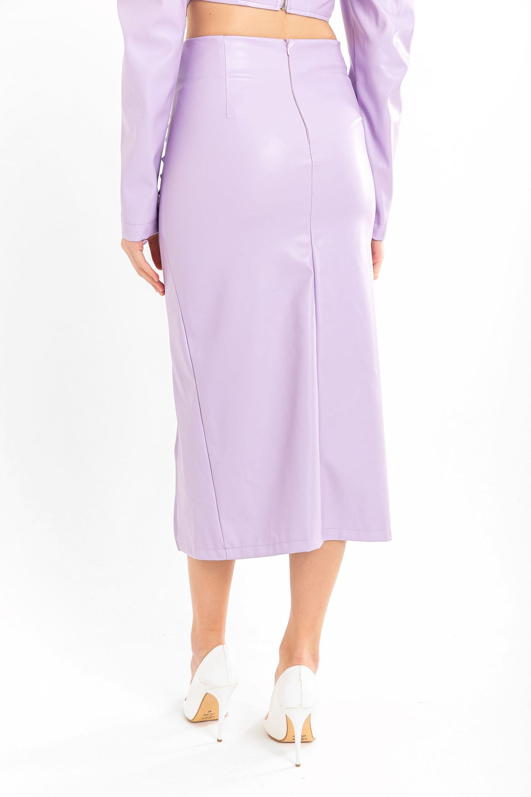 KKT Leather Fabric Above Knee Shirred Slit Women'S Skirt - Lilac - Lugo