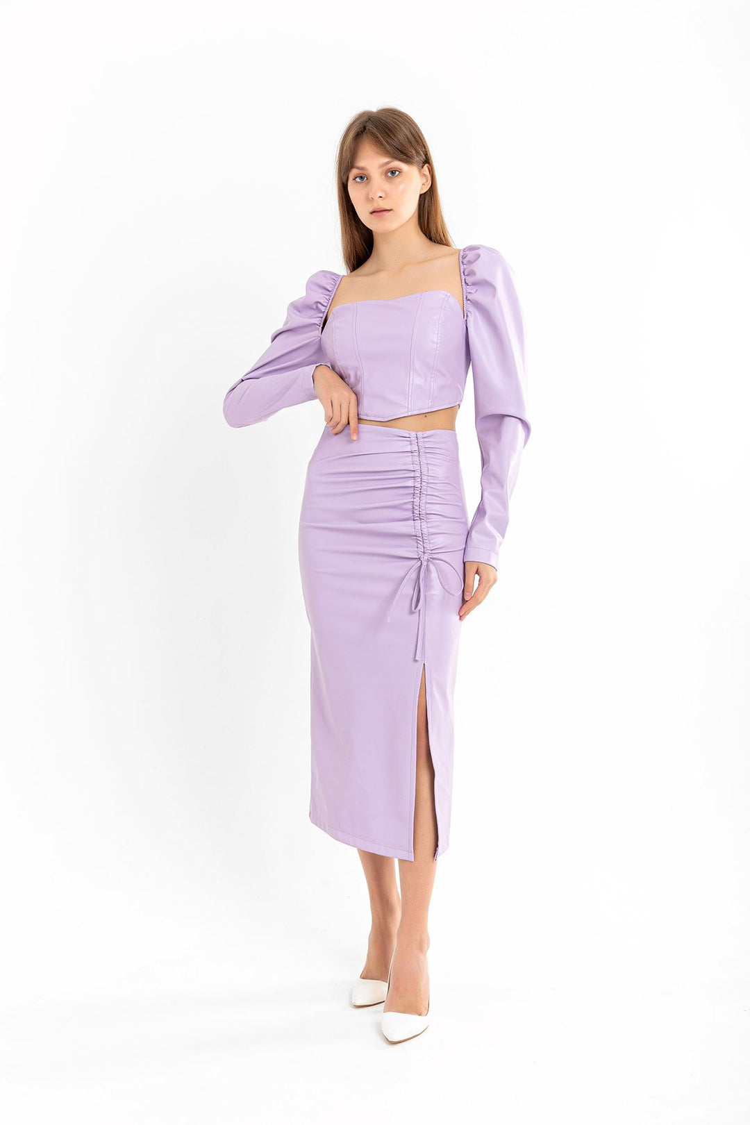 KKT Leather Fabric Above Knee Shirred Slit Women'S Skirt - Lilac - Lugo