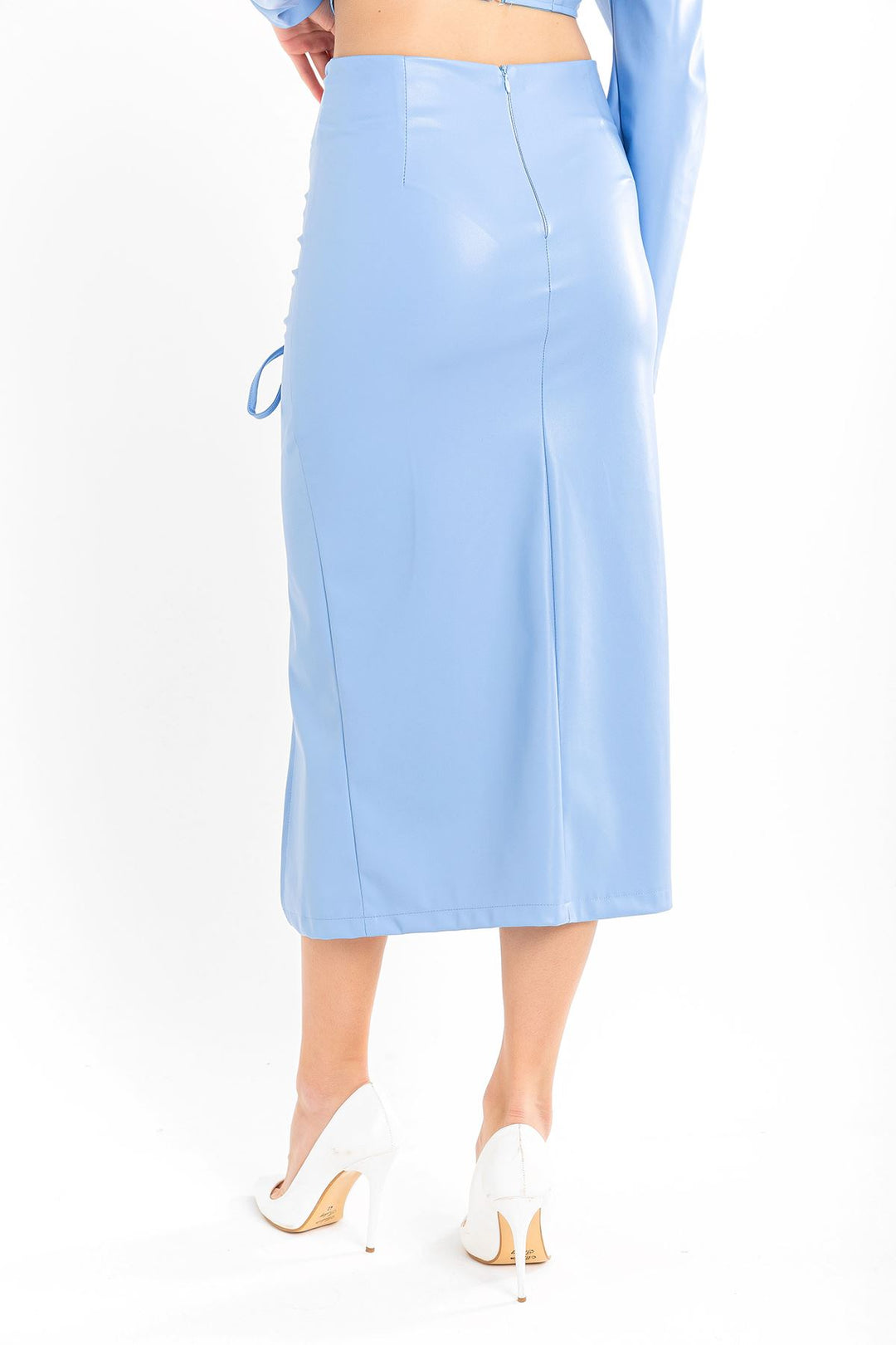 KKT Leather Fabric Above Knee Shirred Slit Women'S Skirt - Blue - Waldorf