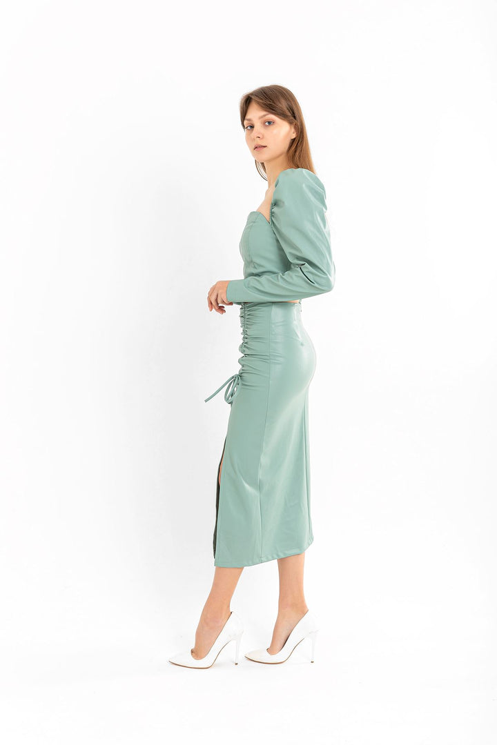 KKT Leather Fabric Above Knee Shirred Slit Women'S Skirt - Mint - Salinas
