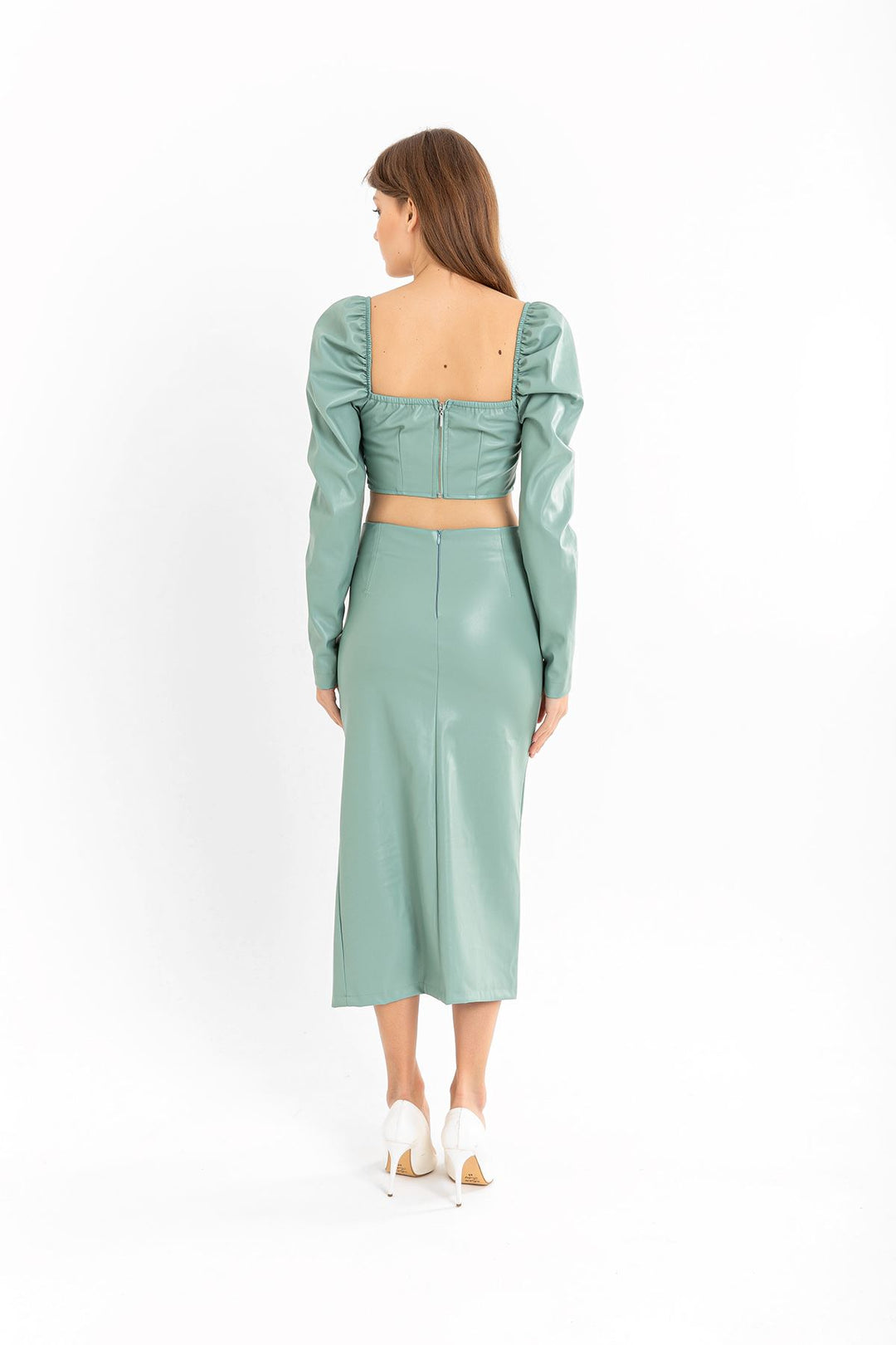 KKT Leather Fabric Above Knee Shirred Slit Women'S Skirt - Mint - Salinas