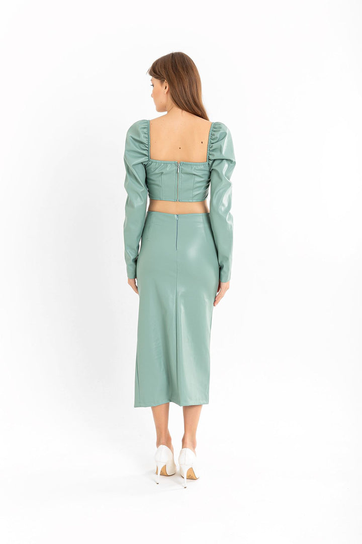 KKT Leather Fabric Above Knee Shirred Slit Women'S Skirt - Mint - Salinas