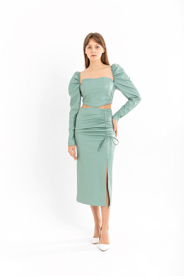 KKT Leather Fabric Above Knee Shirred Slit Women'S Skirt - Mint - Salinas