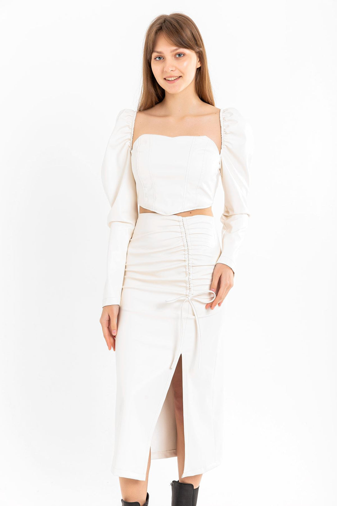 KKT Leather Fabric Above Knee Shirred Slit Women'S Skirt - Ecru - Bloomington