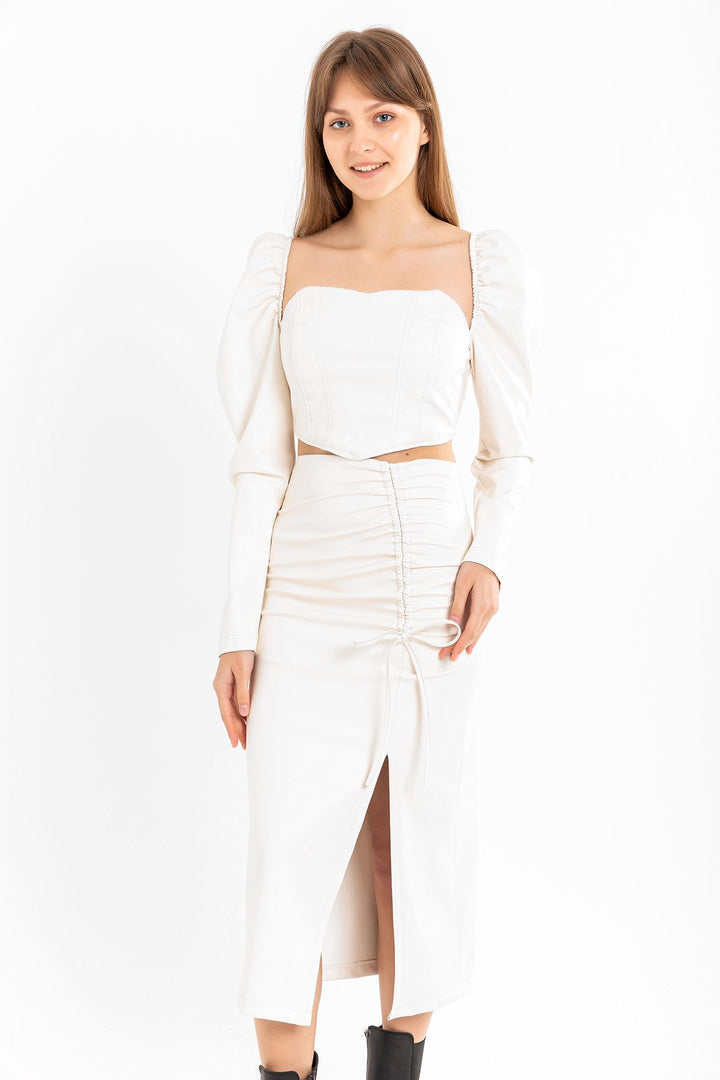 KKT Leather Fabric Above Knee Shirred Slit Women'S Skirt - Ecru - Bloomington