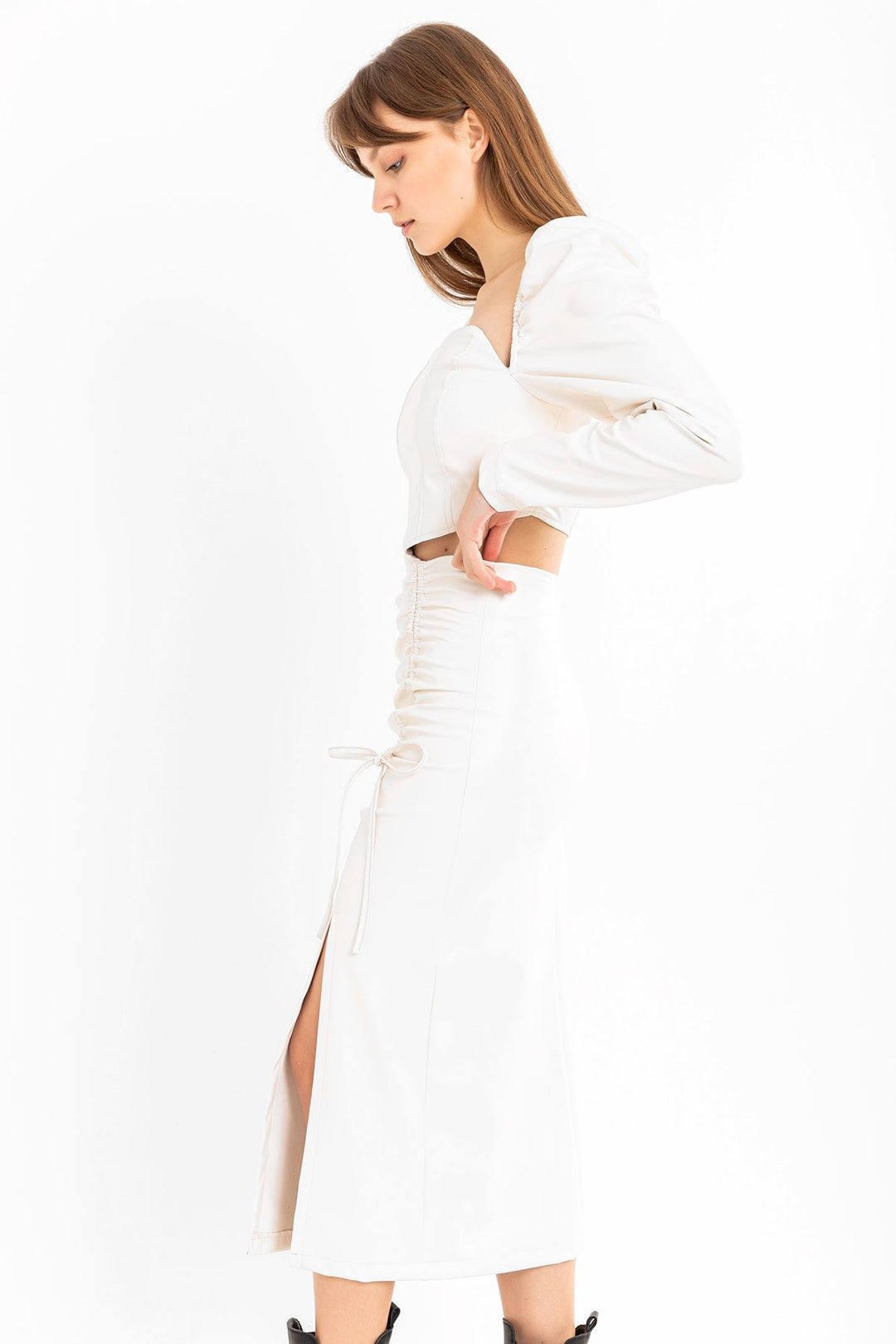 KKT Leather Fabric Above Knee Shirred Slit Women'S Skirt - Ecru - Bloomington