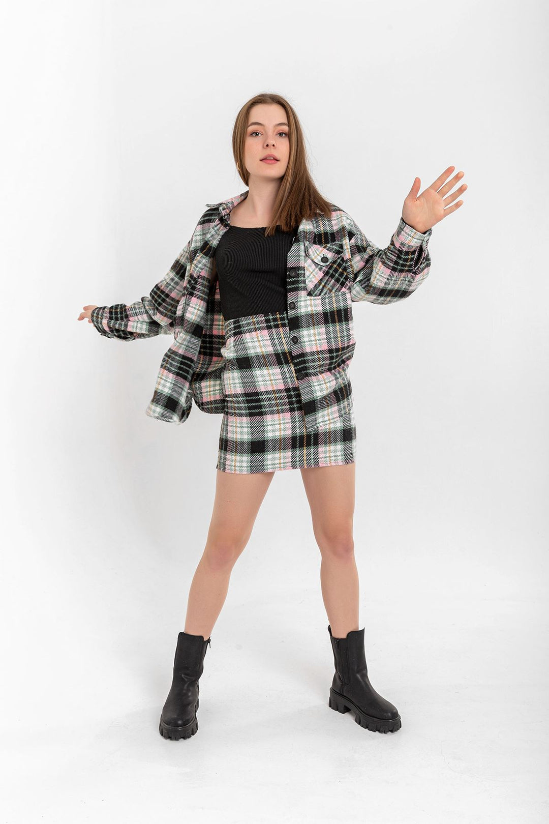 KKT Lumberjack Fabric Tight Fit Striped Mini Skirt - Mint - Jackson