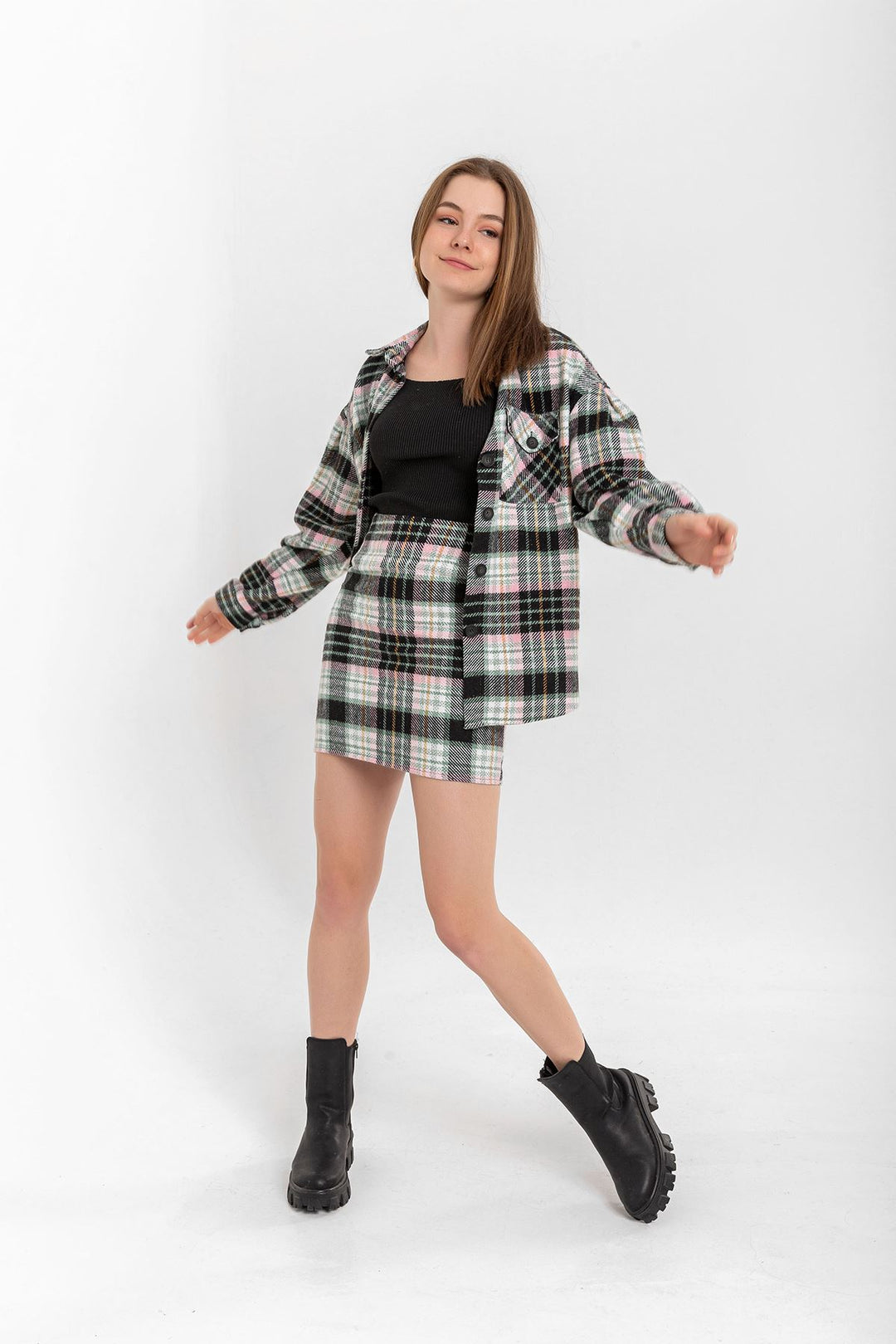KKT Lumberjack Fabric Tight Fit Striped Mini Skirt - Mint - Jackson