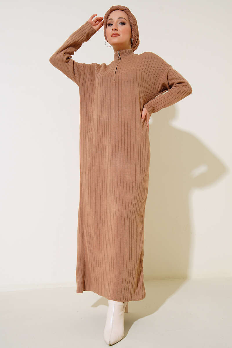BNG Women Neck Zippered Ribbed Long Knit Dress Mink - Clermont