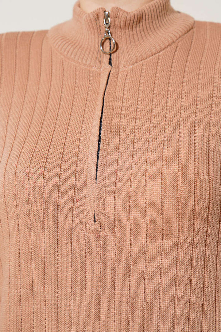 BNG Women Neck Zippered Ribbed Long Knit Dress Mink - Clermont