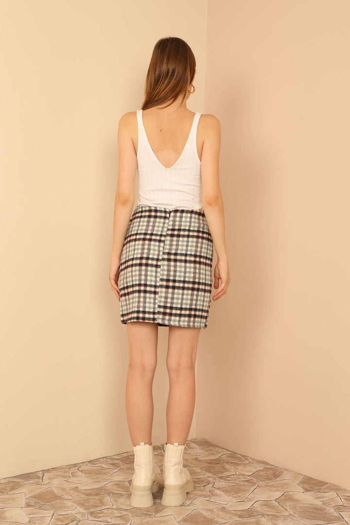 KKT Lumberjack Fabric Tight Fit Striped Mini Skirt - Navy Blue  - Voerde