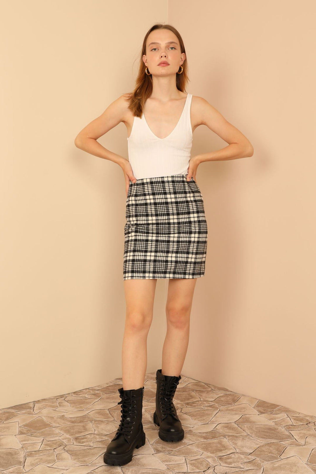 KKT Lumberjack Fabric Tight Fit Striped Mini Skirt - Black - Knoxville