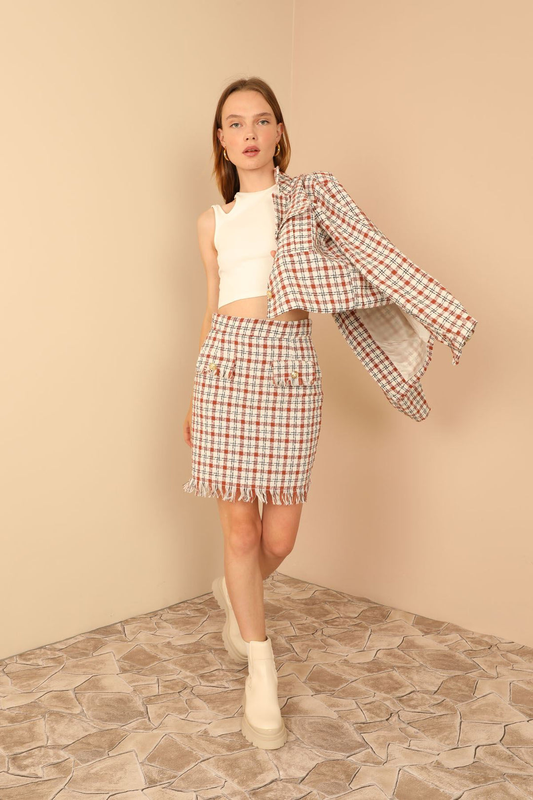 KKT Channel Woven Fabric Tight Fit Mini Skirt With Pocket - Light Brown - Orpington