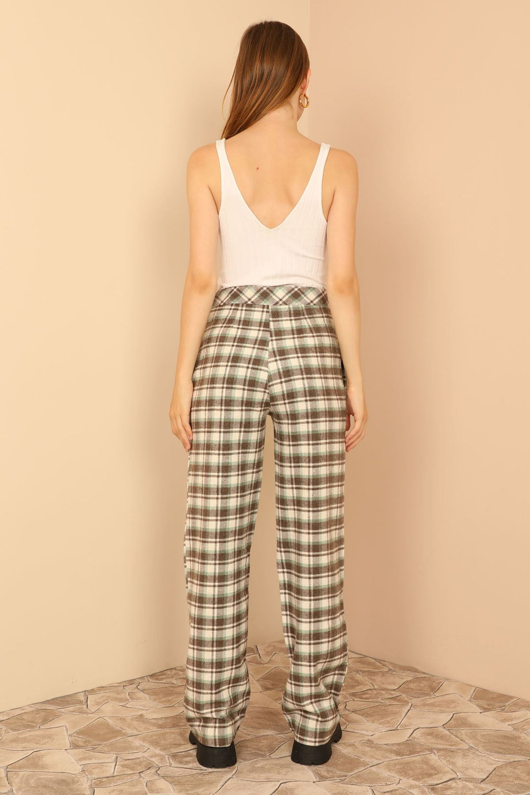 KKT Plaid Fabric Comfy Fit Women'S Trouser - Brown - Newport Beach