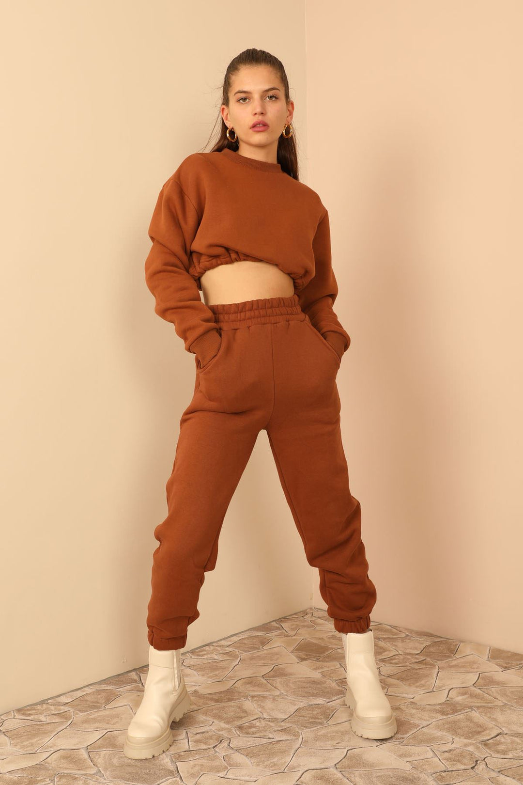 KKT Third Knit With Wool İnside Fabric Long Sleeve Hooded Women Sweatshirt - Brown - Rocky Mount