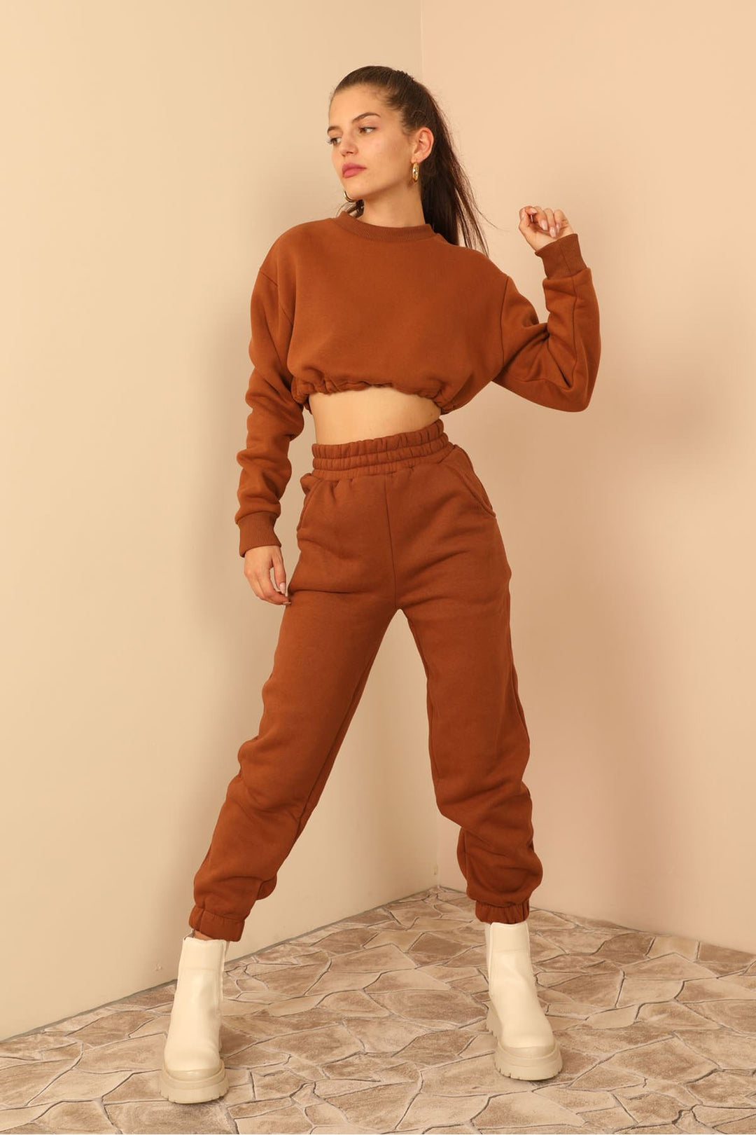 KKT Third Knit With Wool İnside Fabric Long Sleeve Hooded Women Sweatshirt - Brown - Rocky Mount