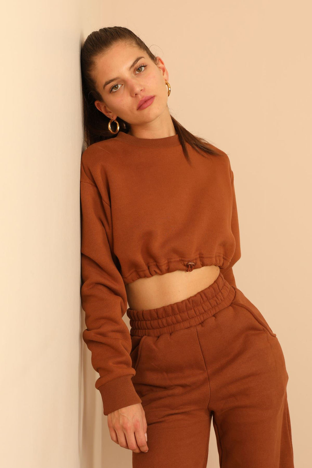 KKT Third Knit With Wool İnside Fabric Long Sleeve Hooded Women Sweatshirt - Brown - Rocky Mount