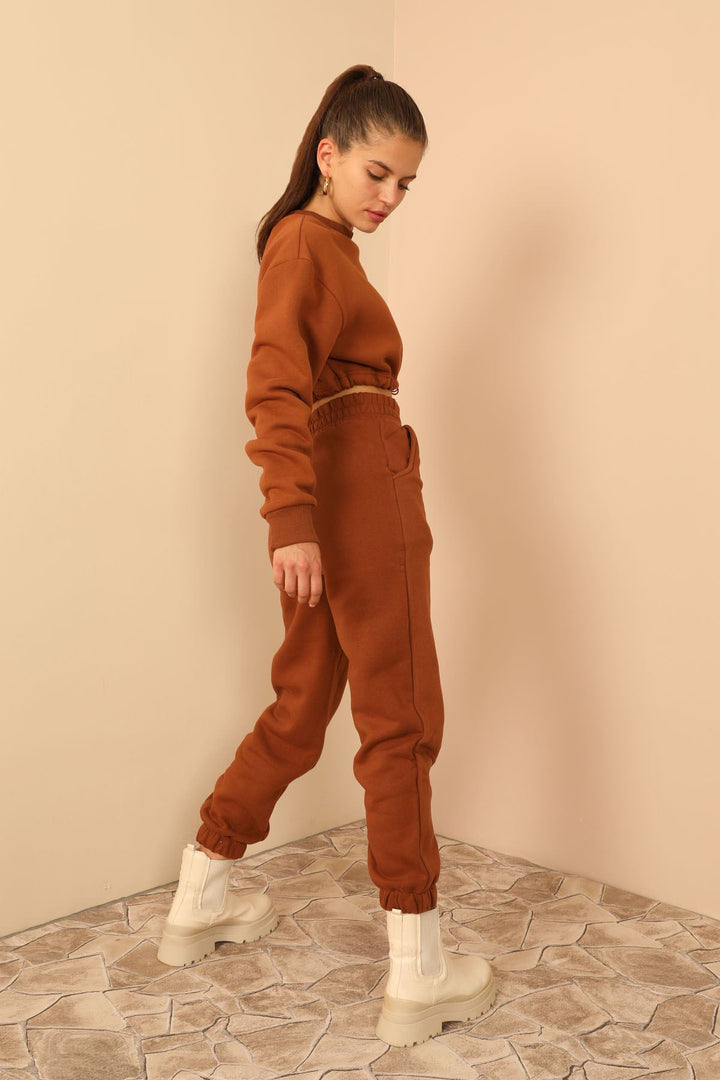 KKT Third Knit With Wool İnside Fabric Long Sleeve Hooded Women Sweatshirt - Brown - Rocky Mount