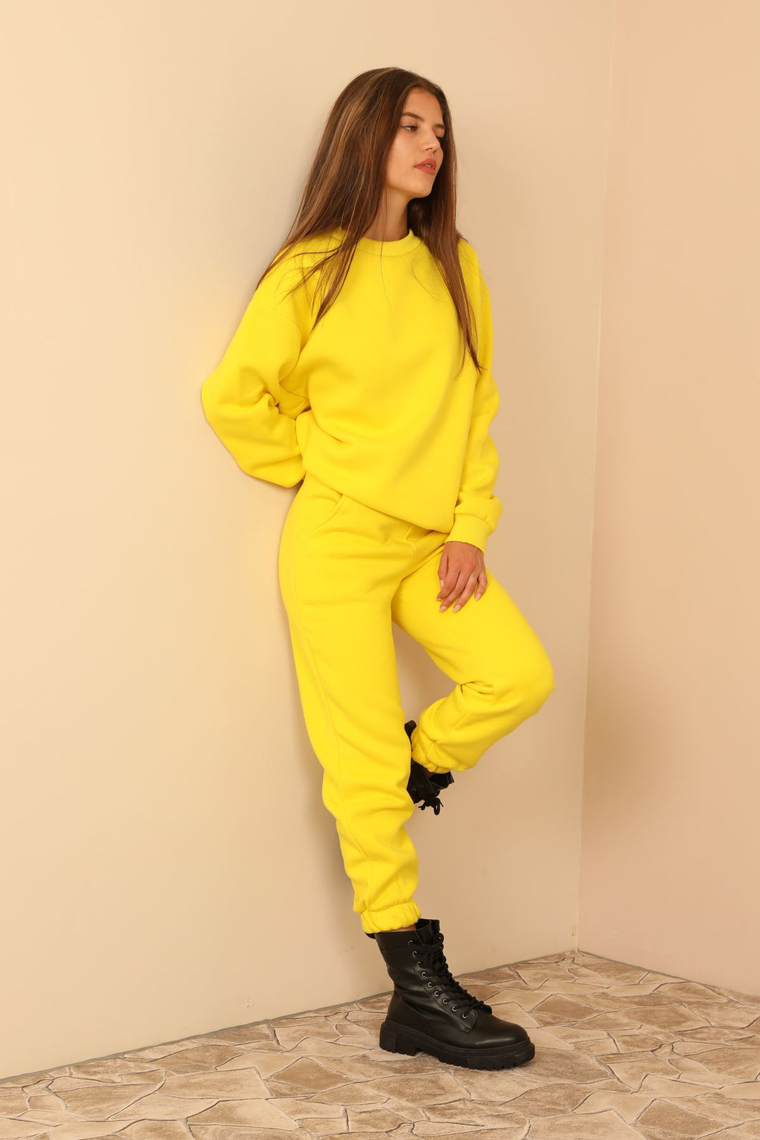 KKT Third Knit With Wool İnside Fabric Long Sleeve Below Hip Women Sweatshirt - Yellow - College Park