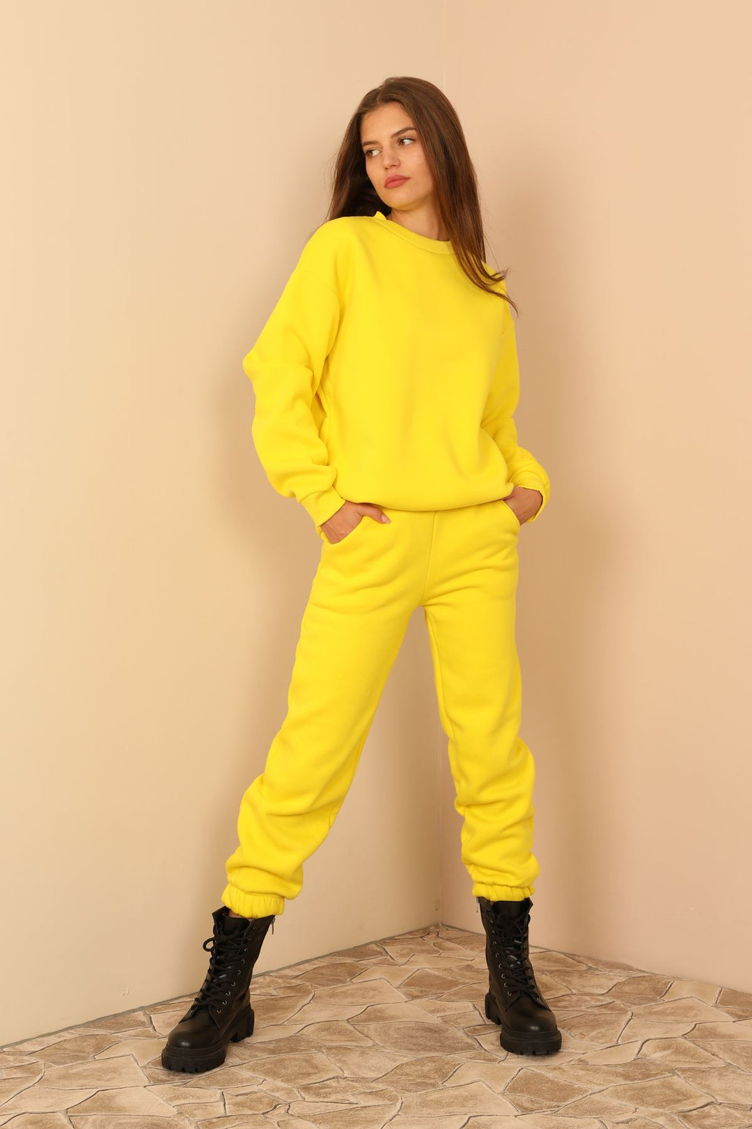 KKT Third Knit With Wool İnside Fabric Long Sleeve Below Hip Women Sweatshirt - Yellow - College Park