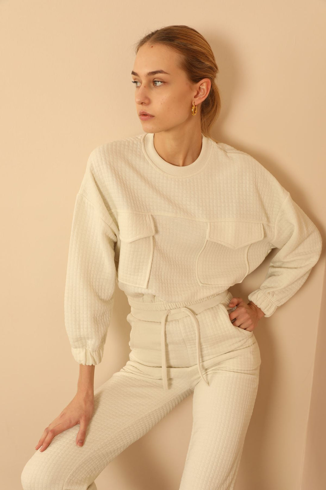 KKT Quilted Fabric Bicycle Collar Oversize Double Pocket Women Sweatshirt - Ecru - Civitanova Marche