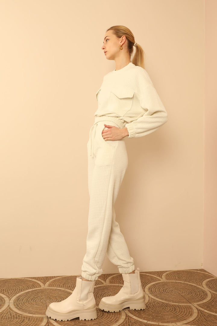 KKT Quilted Fabric Bicycle Collar Oversize Double Pocket Women Sweatshirt - Ecru - Civitanova Marche