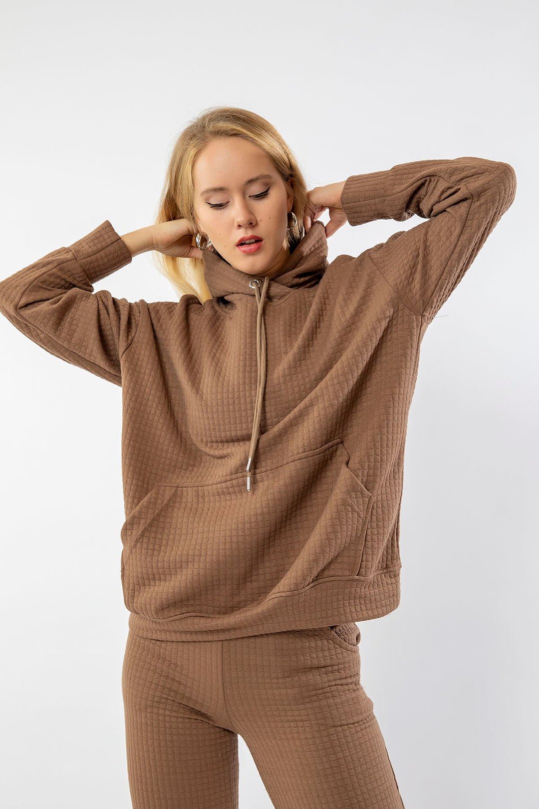 KKT Honeycomb Fabric Long Sleeve Hooded Hip Height Oversize Women Sweatshirt - Chanterelle  - Vila do Conde