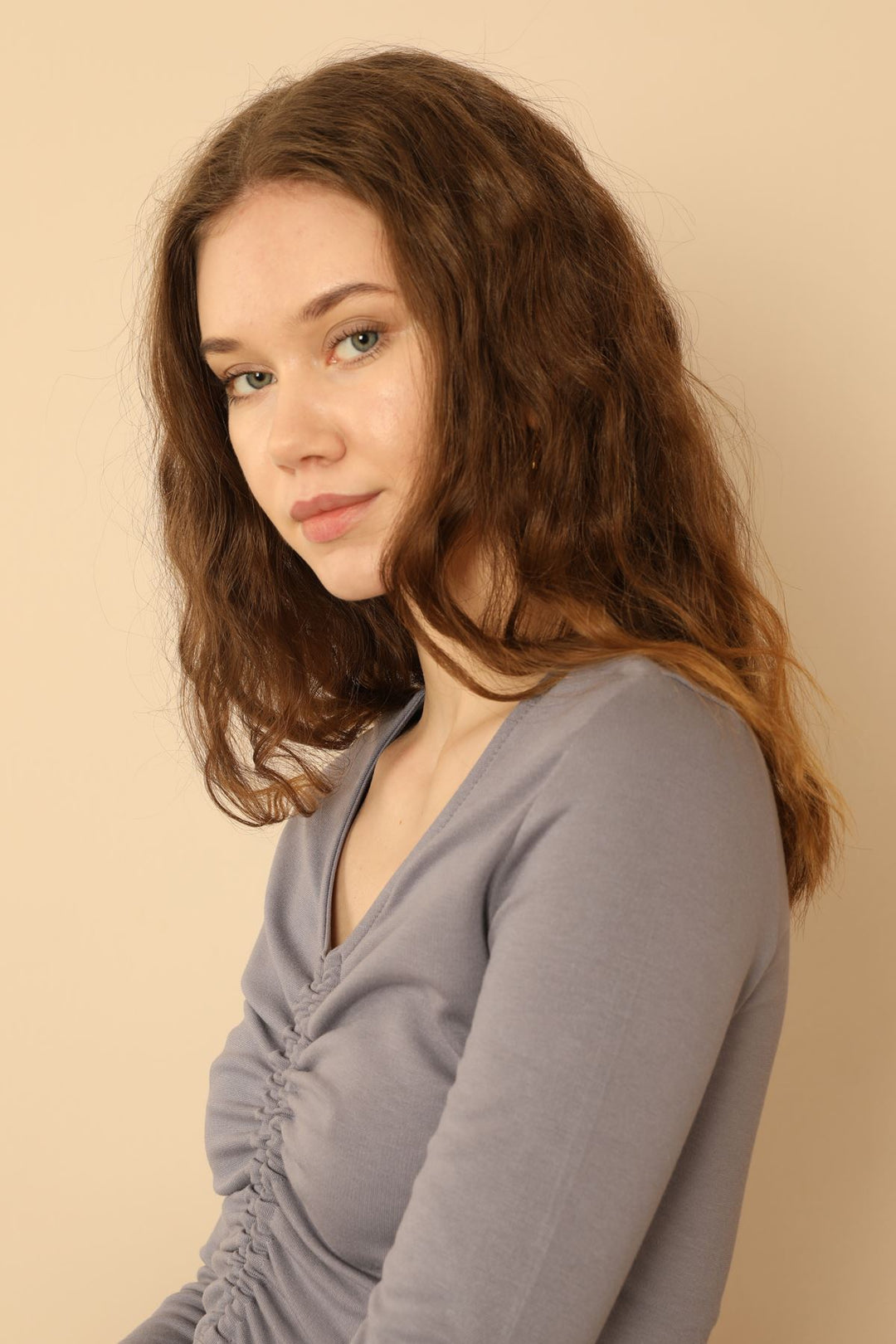 KKT Knit Fabric Long Sleeve V Neck Shirred Front Blouse-Light Blue - Union City