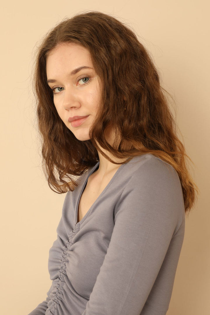 KKT Knit Fabric Long Sleeve V Neck Shirred Front Blouse-Light Blue - Union City