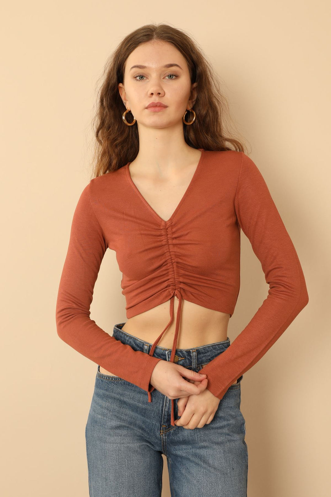 KKT Knit Fabric Long Sleeve V Neck Shirred Front Blouse - Brick  - Missoula