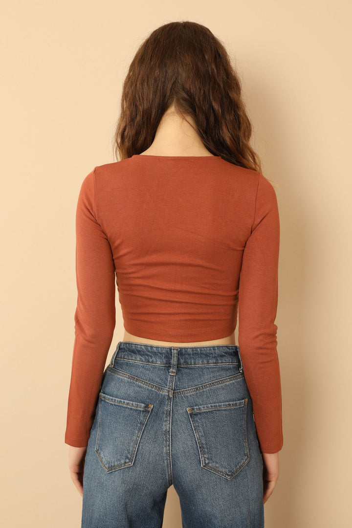 KKT Knit Fabric Long Sleeve V Neck Shirred Front Blouse - Brick  - Missoula